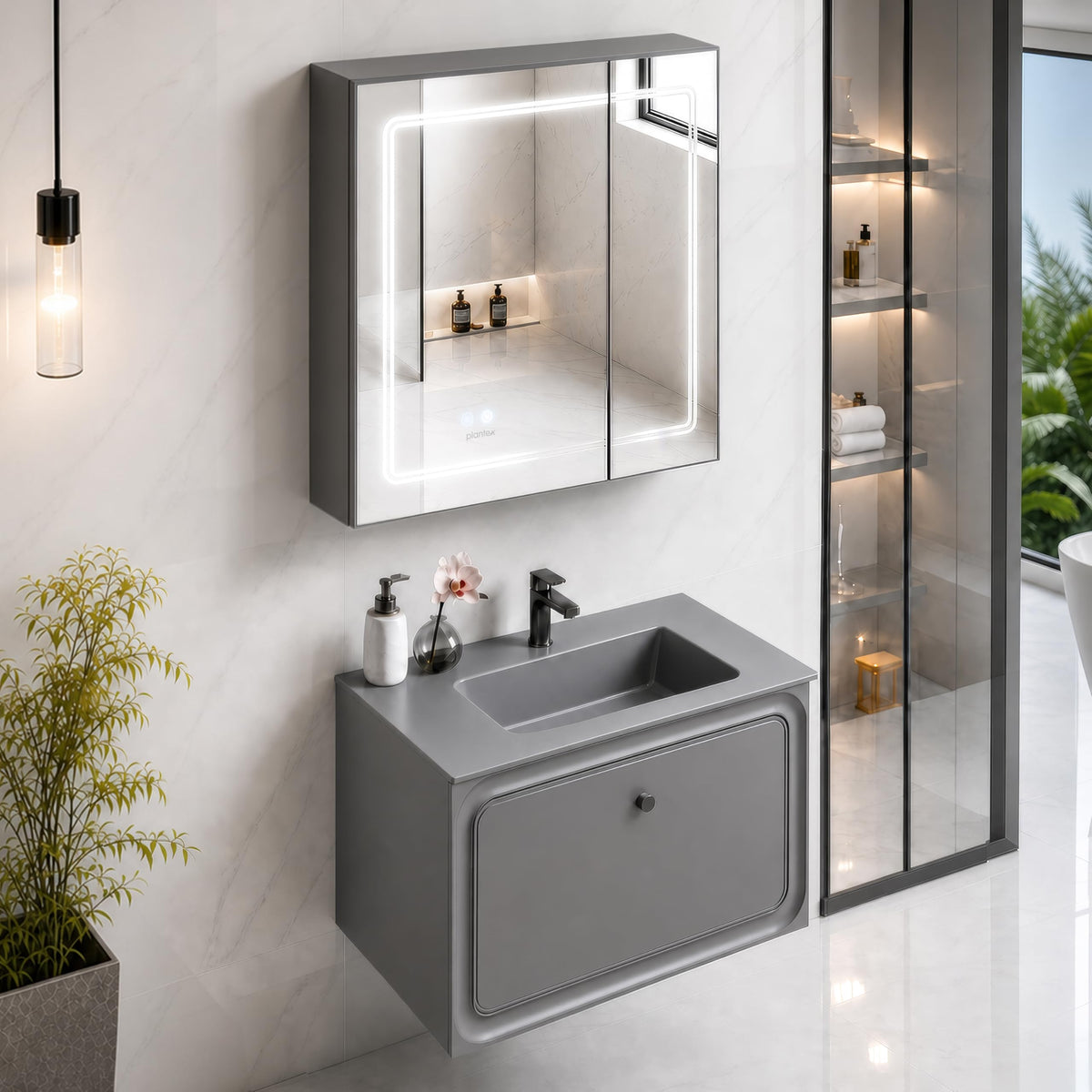 Plantex Wall Mount Vanity Cabinet with Washbasin and Mirror/Rectangular Basin with Cabinet for Bathroom - (Cryston-800, Grey)