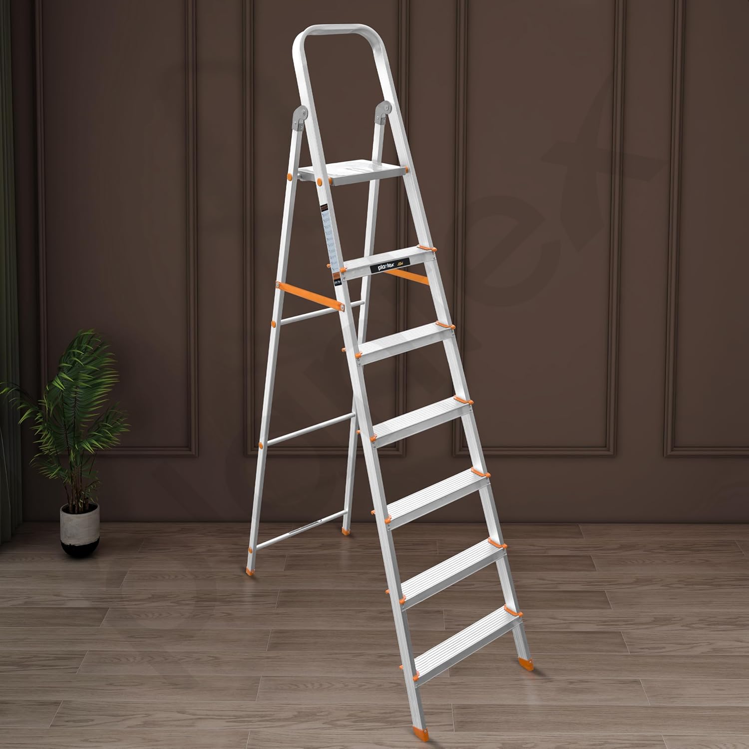 Plantex Legend Aluminium Folding 7 Step Ladder for Home - 7 Step Anti Skid Ladder/Wide Step Ladder (Orange-Chrome)