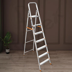 Plantex Legend Aluminium Folding 7 Step Ladder for Home - 7 Step Anti Skid Ladder/Wide Step Ladder (Orange-Chrome)