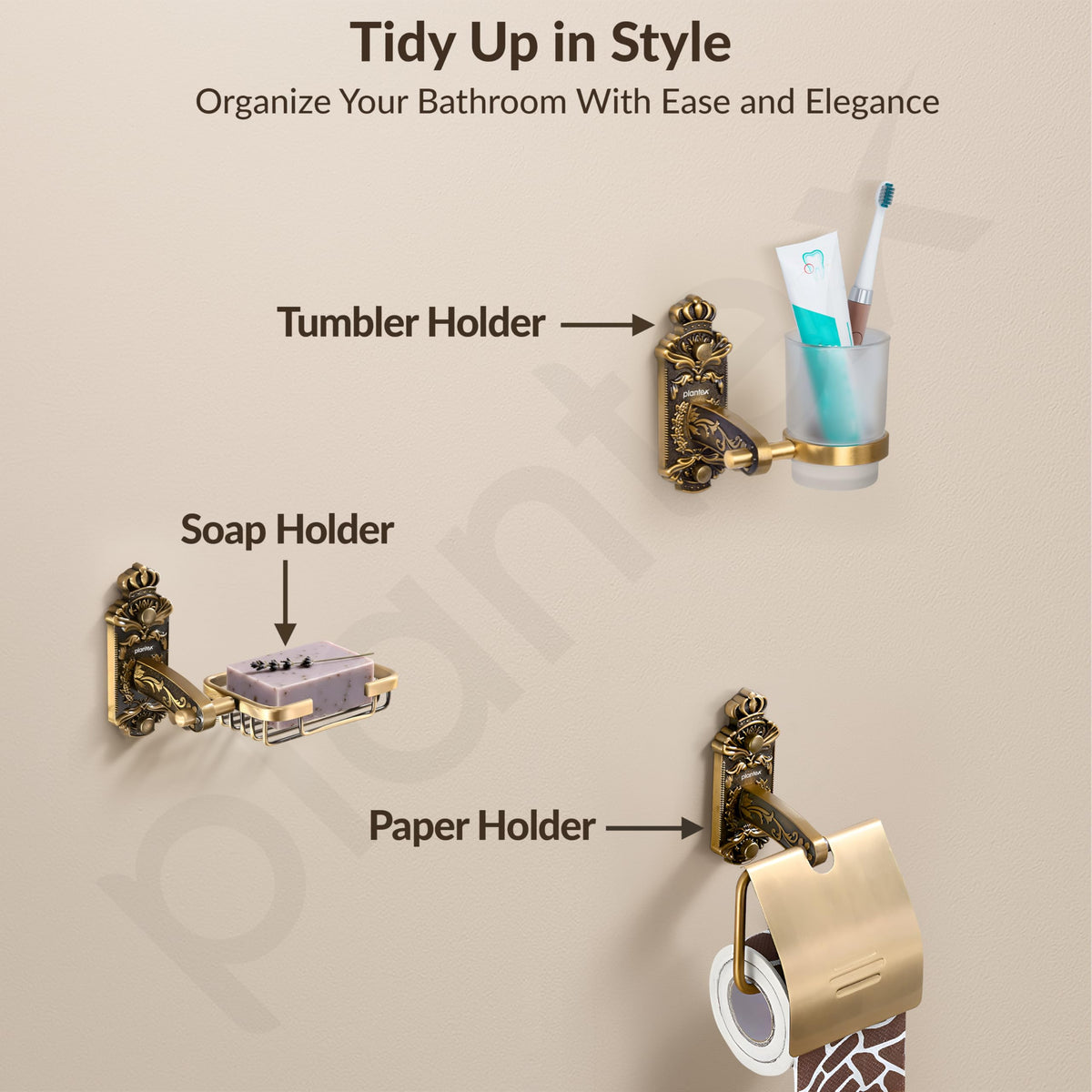 Plantex Aluminium Antique Bathroom Accessories Set Of 5-Pcs/Bathroom Hardware Set (Towel Rod/Napkin Ring/Paper Holder/Soap Dish/Tumbler Holder), Gold-6