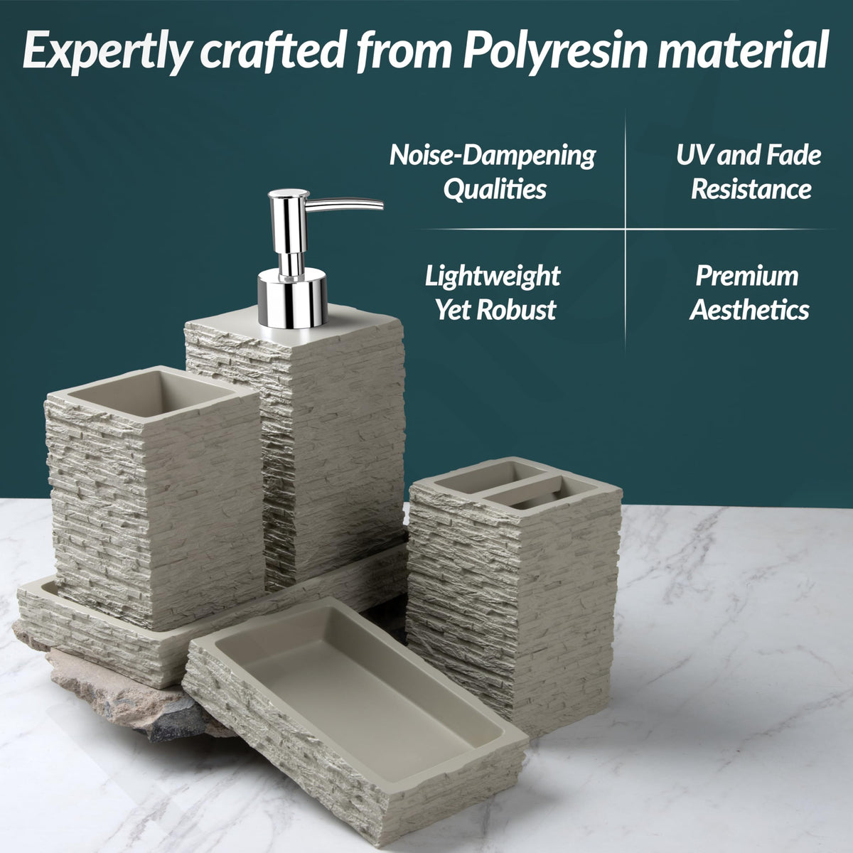 Plantex Polyresin Bathroom Accessories Set Soap Dispenser/Toothbrush Holder/Bathroom Tray/Tumbler Holder/Soap Dish - 5 Piece(923)