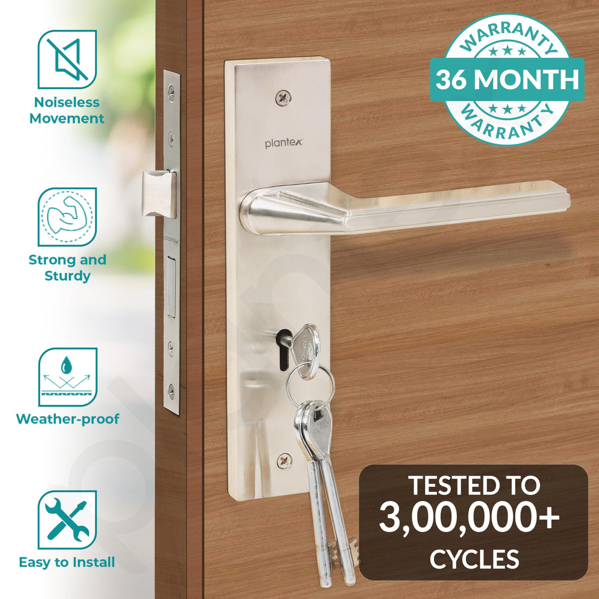 Plantex Heavy-Duty Door Lock Set - Main Door Lock Handle Set/ 6-Lever Lock Mechanism with 3 Years of Warranty/Mortise Lock with 3 Keys, Brass Lockbody (Matt)-2