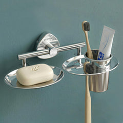 Plantex J4 Stainless Steel Soap Dish with Tumbler Holder/Soap and Brush Holder for Bathrooom/2 in 1 Soap Holder with Toothbrush Holder/Bathroom Accessories (Chrome Finish) Angel-1