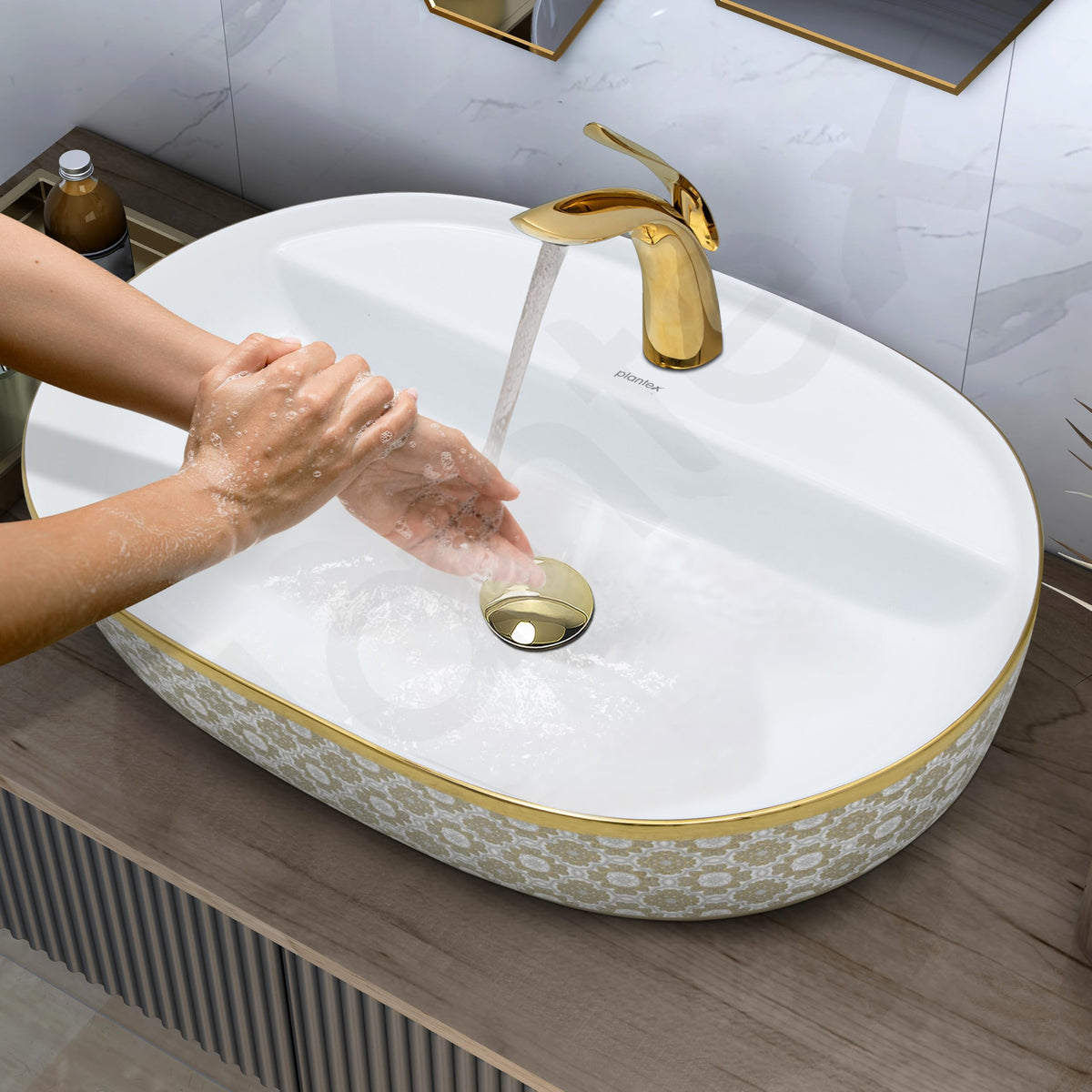Plantex Oval Washbasin/Countertop Sink for Bathroom/Tabletop Wash Basin for Restaurant/Hotel/Hotel (24x16.5x5 Inch - White & Gold)-6