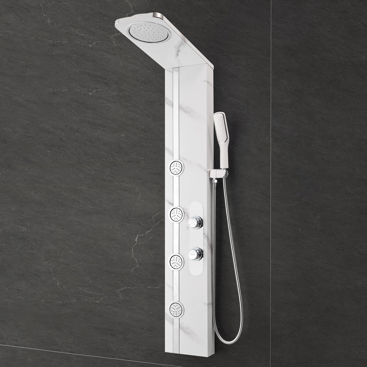 Plantex SS-304 Marble Textured Shower Panel for Bathroom with Showerhead/Hand Shower with Hose Pipe & Clamp/Body Massage Jets/Bathroom Shower System -(KM-8099)-1