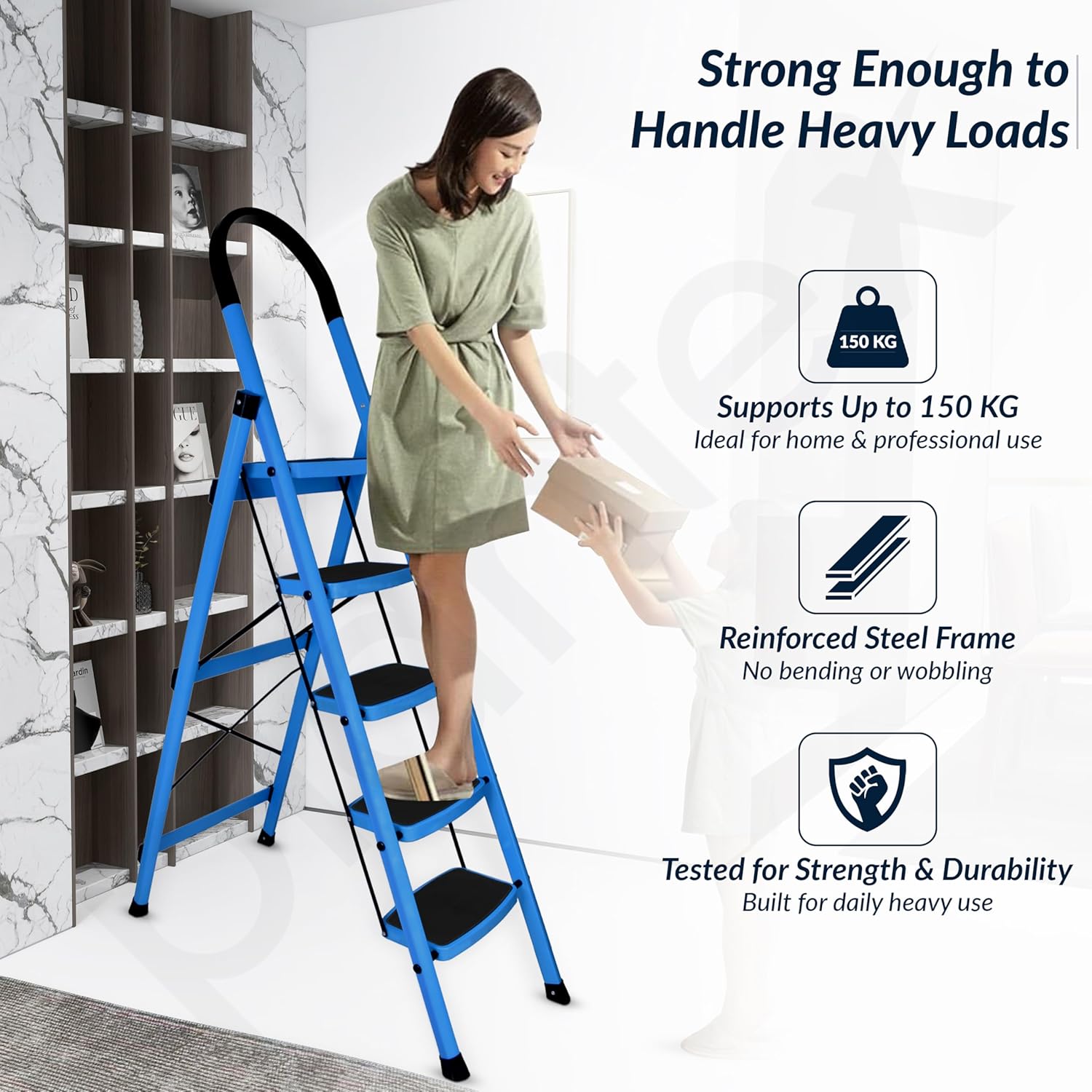 Plantex Ladder for Home - Premium Steel Foldable 5-Step Ladder - Anti Skid Strong Steps with 5 Years Manufacturer Warranty (Blue & Black)