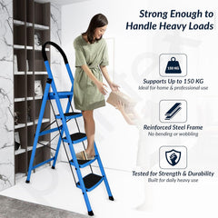 Plantex Ladder for Home - Premium Steel Foldable 5-Step Ladder - Anti Skid Strong Steps with 5 Years Manufacturer Warranty (Blue & Black)