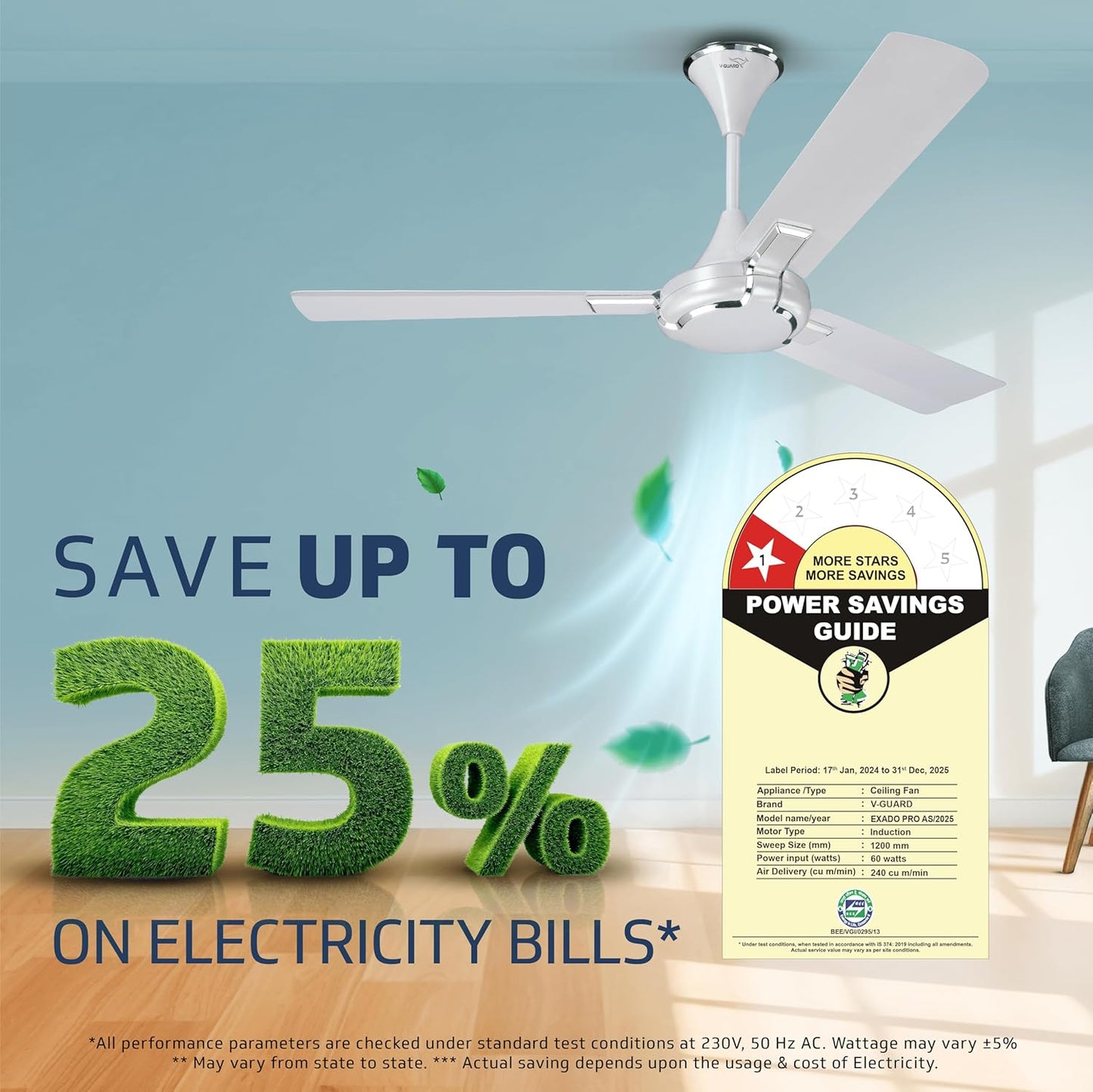 V-Guard Exado Pro AS High Speed Ceiling Fan For Home | BEE 1 Star Rating | 400 RPM | Dust Repellent Technology | Easy to Clean| (Pearl White Silver),1.2 Meter