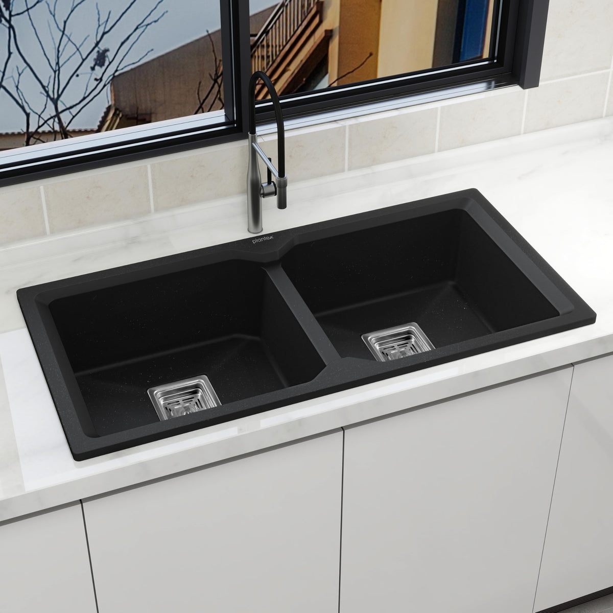 Plantex Matt Kitchen Sink/UV Protected Quartz Sink for Kitchen/Double Bowl Sink with Coupling and Hose Pipe (Charcoal Black - 37x18inch)-1