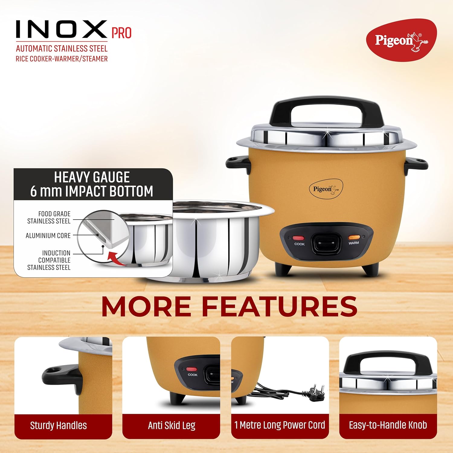 Pigeon Inox Pro Rice Cooker with Steamer, 1.8 litres | Stainless Steel Lid | 700 Watts | 1 Steel Cooking Pot | Measuring Cup | Spatula | Energy Efficient Cooking (Yellow)