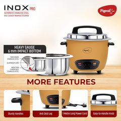 Pigeon Inox Pro Rice Cooker with Steamer, 1.8 litres | Stainless Steel Lid | 700 Watts | 1 Steel Cooking Pot | Measuring Cup | Spatula | Energy Efficient Cooking (Yellow)