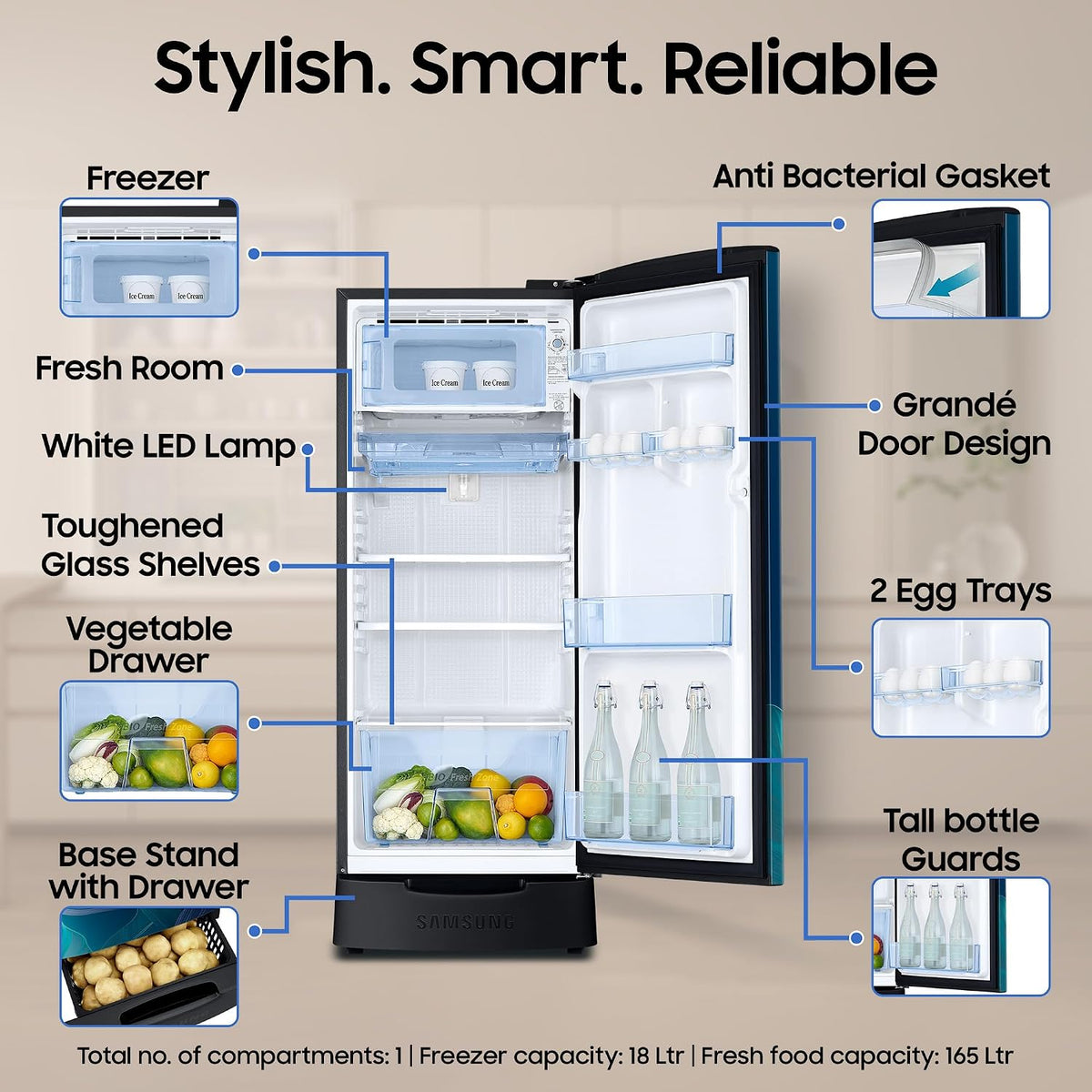 Samsung 183 L, 4 Star, Digital Inverter, Direct-Cool Single Door Refrigerator (RR20H28249U/NL, Paradise Bloom Blue, Base Stand Drawer, Single Touch)-4