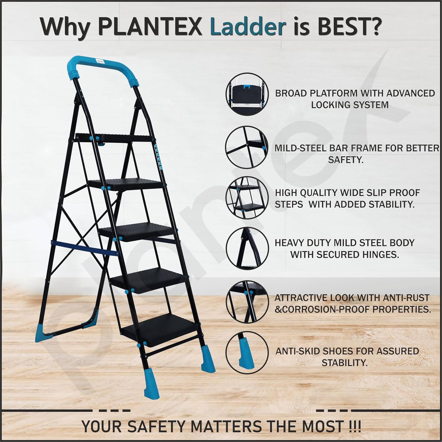 Plantex Stylo Heavy-Duty Mild-Steel Folding 5 Step Ladder for Home with Advanced Locking System/Wide Anti-Skid Step Ladder (Black & Blue)
