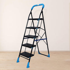 Plantex Heavy-Duty Mild Steel Stylo Folding Ladder with Wide Steps/5 Steps Ladder for Home with Advanced Locking System - 5 Wide Step Ladder(Black & Blue)