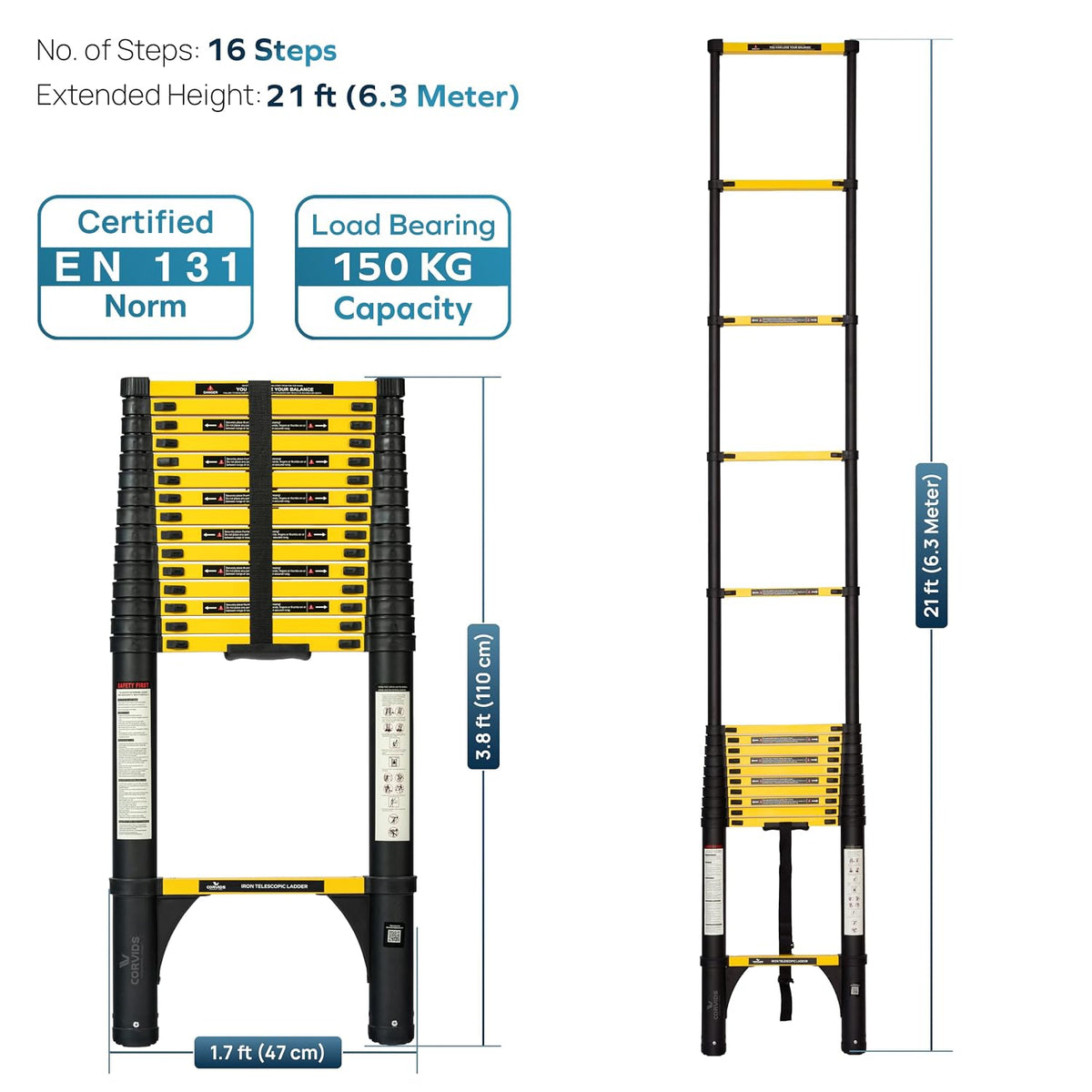 Corvids 6.3m (21 ft) Folding Carbon Steel Telescopic Ladder, 2-Year Warranty, 16-Step Heavy Duty Extension Ladder, Q195 Rustproof Alloy Steel, Portable & Collapsible Ladder for Home & Outdoor use