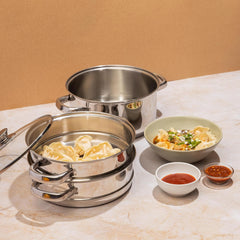 Vinod Stainless Steel 3-Tier Steamer – 20 cm | Momo & Modak Maker | Vegetable Steamer with Glass Lid & Riveted Handles | Induction & Gas Compatible, Silver