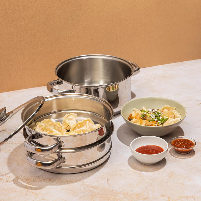 Vinod Stainless Steel 3-Tier Steamer – 20 cm | Momo & Modak Maker | Vegetable Steamer with Glass Lid & Riveted Handles | Induction & Gas Compatible, Silver
