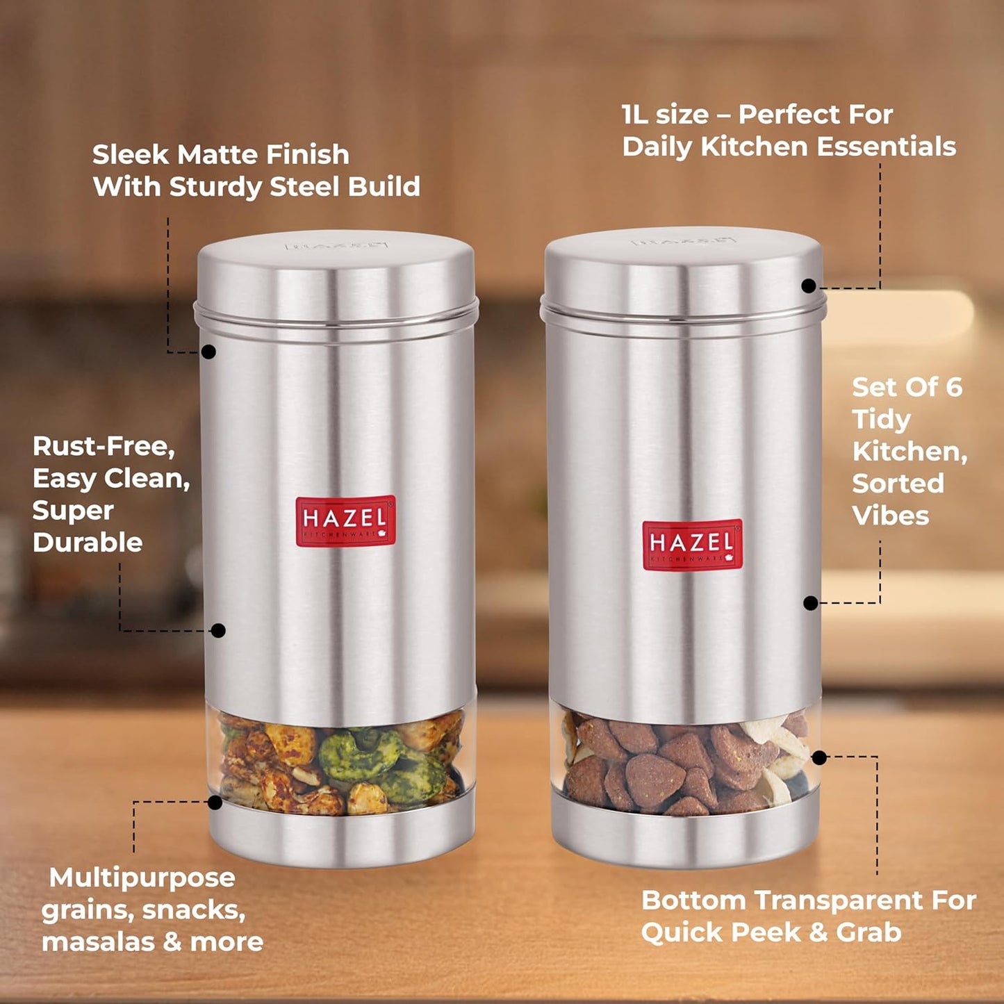HAZEL Stainless Steel Kitchen Containers| 1 Ltr Each Transparent Kitchen Container Set with Matt Finish | Multipurpose Storage Box for kitchen containers, Set of 6