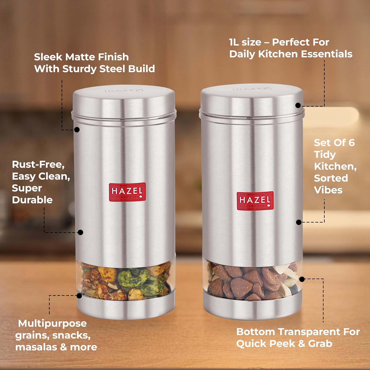 HAZEL Stainless Steel Kitchen Containers| 1 Ltr Each Transparent Kitchen Container Set with Matt Finish | Multipurpose Storage Box for kitchen containers, Set of 6