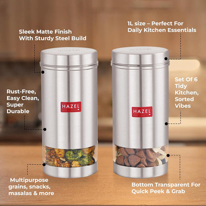HAZEL Stainless Steel Kitchen Containers| 1 Ltr Each Transparent Kitchen Container Set with Matt Finish | Multipurpose Storage Box for kitchen containers, Set of 6
