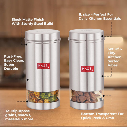 HAZEL Stainless Steel Kitchen Containers| 1 Ltr Each Transparent Kitchen Container Set with Matt Finish | Multipurpose Storage Box for kitchen containers, Set of 6