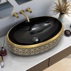 Plantex Tabletop Wash Basin for Bathroom/Designer Ceramic Basin/Countertop Vessel Sink Basin for Home/Hotel - (Black & Gold - 23.5 x 16 x 6 inch)-1