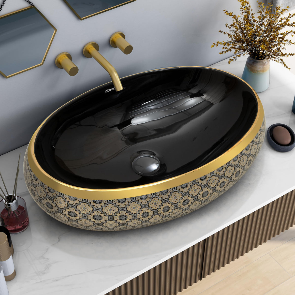 Plantex Tabletop Wash Basin for Bathroom/Designer Ceramic Basin/Countertop Vessel Sink Basin for Home/Hotel - (Black & Gold - 23.5 x 16 x 6 inch)