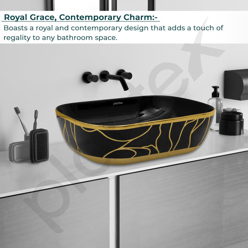 Plantex Ceramic Designer Washbasin for Bathroom/Countertop Basin/Rectangle Tabletop Wash Basin for Home/Office - (16010, Black & Gold)-2