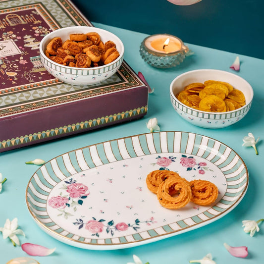 Magique by The Wishing Chair x ClayCraft : Portrait of a Rose - Glow Giftbox | Set of 2 Bowls & Platter | Dishwasher Safe | Festive Gifting | GiftBox Packaging