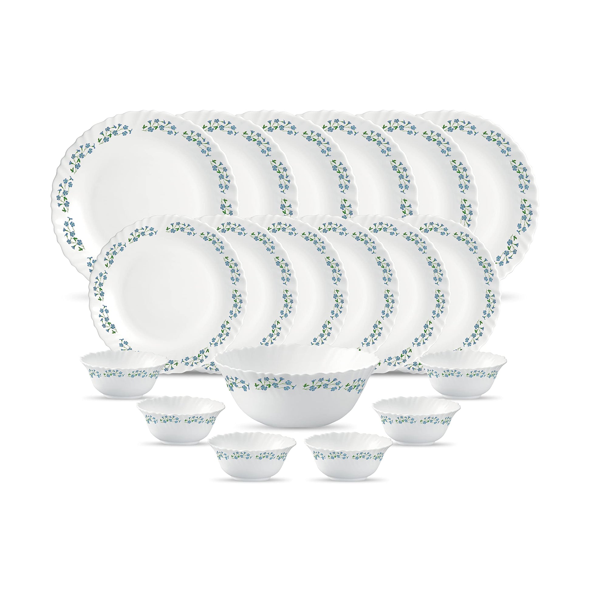La Opala Diva Classique Collection Opal Glass Crockery | for Family of 6 | Dinner Set 19 pcs Fluted Green | Plates & Bowls for Dining | Microwave Safe | 100% Vegetarian | Extra Strong | White