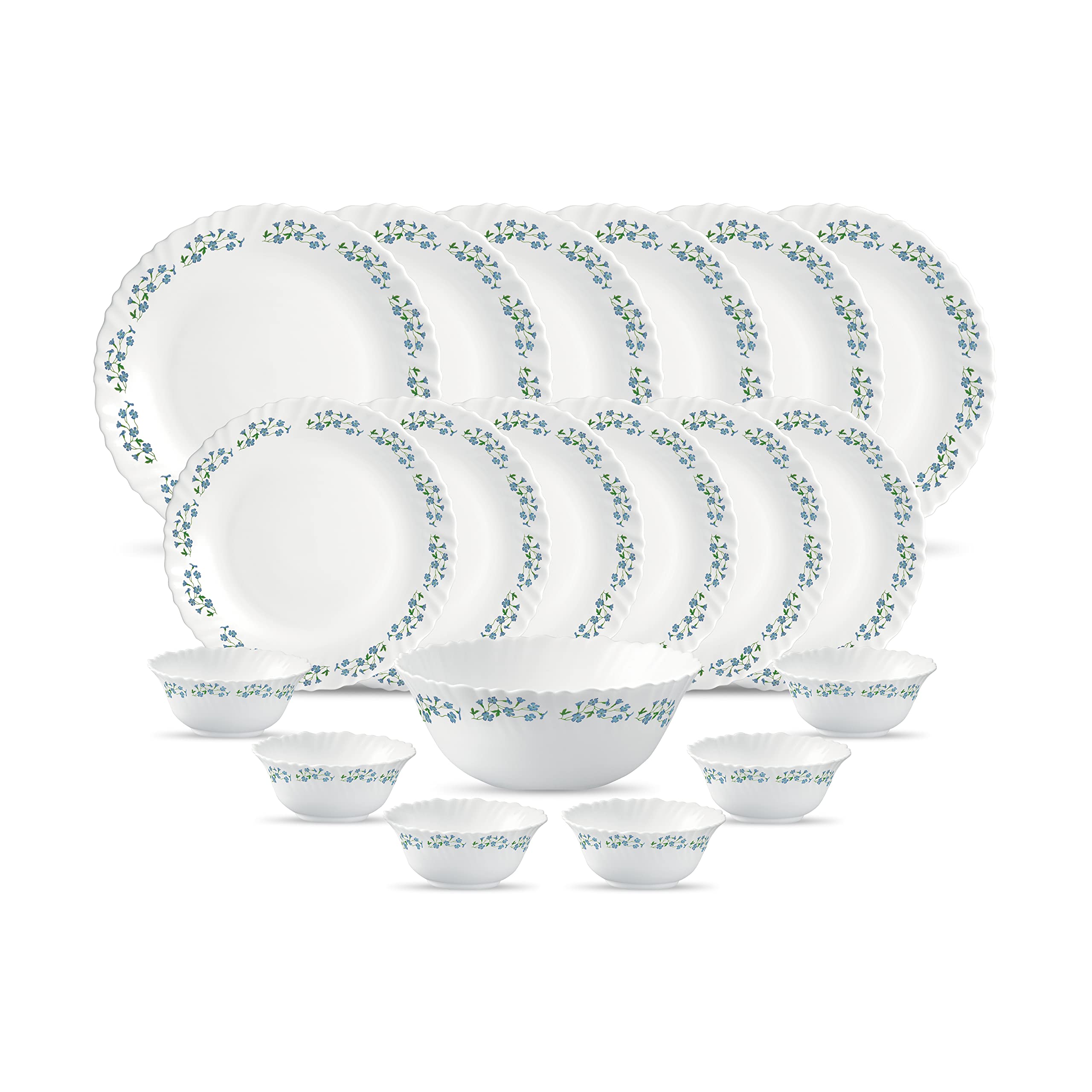 La Opala Diva Classique Collection Opal Glass Crockery | for Family of 6 | Dinner Set 19 pcs Fluted Green | Plates & Bowls for Dining | Microwave Safe | 100% Vegetarian | Extra Strong | White