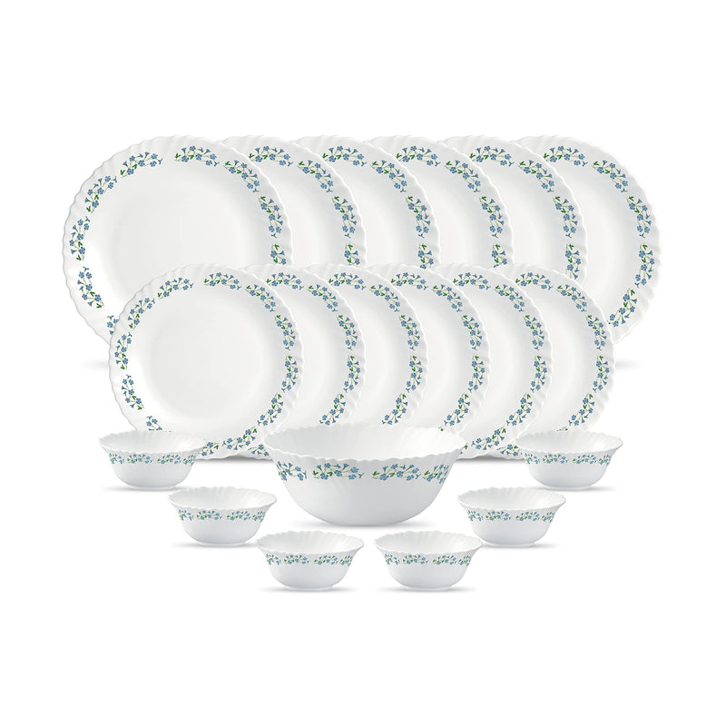 La Opala Diva Classique Collection Opal Glass Crockery | for Family of 6 | Dinner Set 19 pcs Fluted Green | Plates & Bowls for Dining | Microwave Safe | 100% Vegetarian | Extra Strong | White