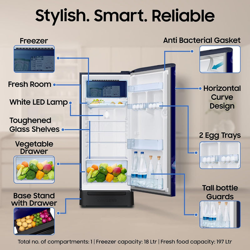 Samsung 215 L, 5 Star, Digital Inverter, Direct-Cool Single Door Refrigerator (RR23H2H35HS/HL, Hydrangea Blue, Base Stand Drawer, Single Touch)-4