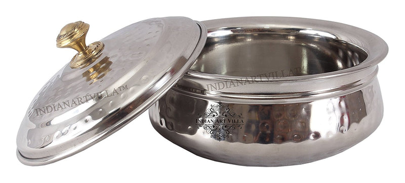 Pure Steel Serving Hammered Design Handi With Lid, Brass Knob