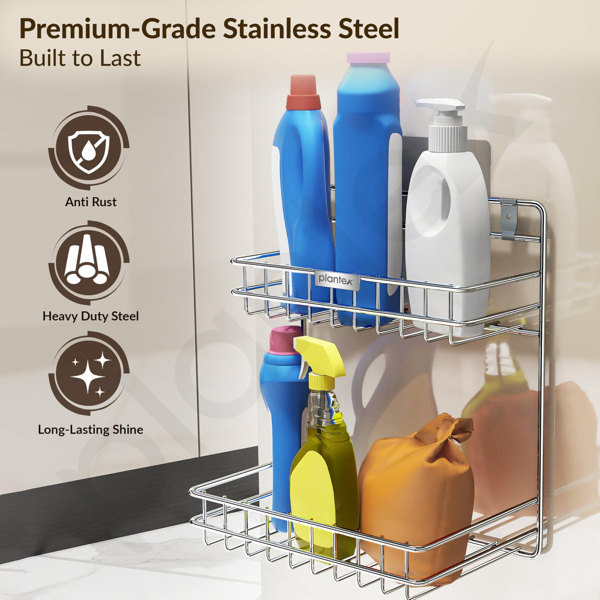 Plantex Self Adhesive Stainless Steel Bathroom Detergent Holder/Bathroom Storage Rack/Shelf/Under The Sink Detergent Holder (Small,Chrome)-2
