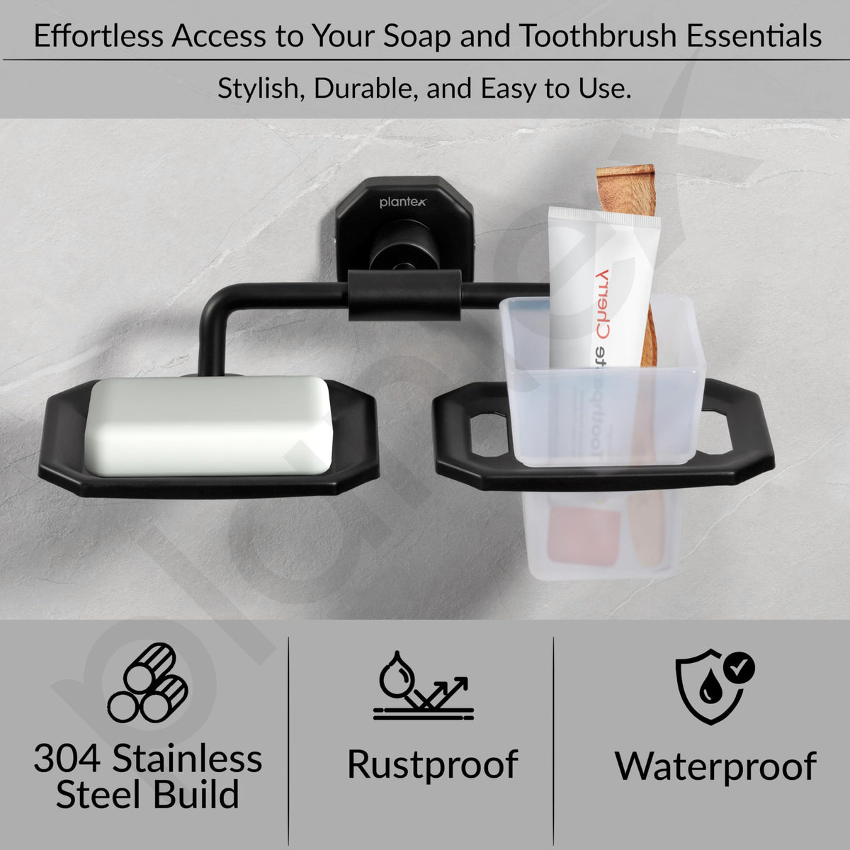 Plantex 304 Grade Stainless Steel 2in1 Soap Dish with Tumbler Holder/Soap Stand/ABS Materail Tooth Brush Holder/Bathroom Accessories - Nipron (Black)-3
