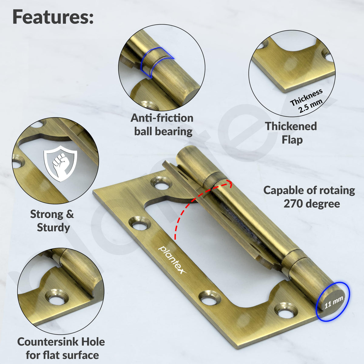 Plantex Stainless Steel Butterfly Hinges for Door/4 Inch x 14 Gauge Hinge/2.5 mm Door Hinge for Home/Office/Hotel/Non-Mortise Hinges - Pack of 1 (Brass Antique)-4
