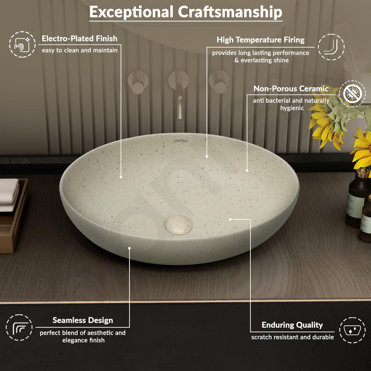 Plantex Table Top Wash Basin for Bathroom/Designer Ceramic Basin/Countertop Vessel Sink Basin/Wash Basin Over Counter for Home/Office (Beige - 20.5 x 15.5 x 5 Inch)-4