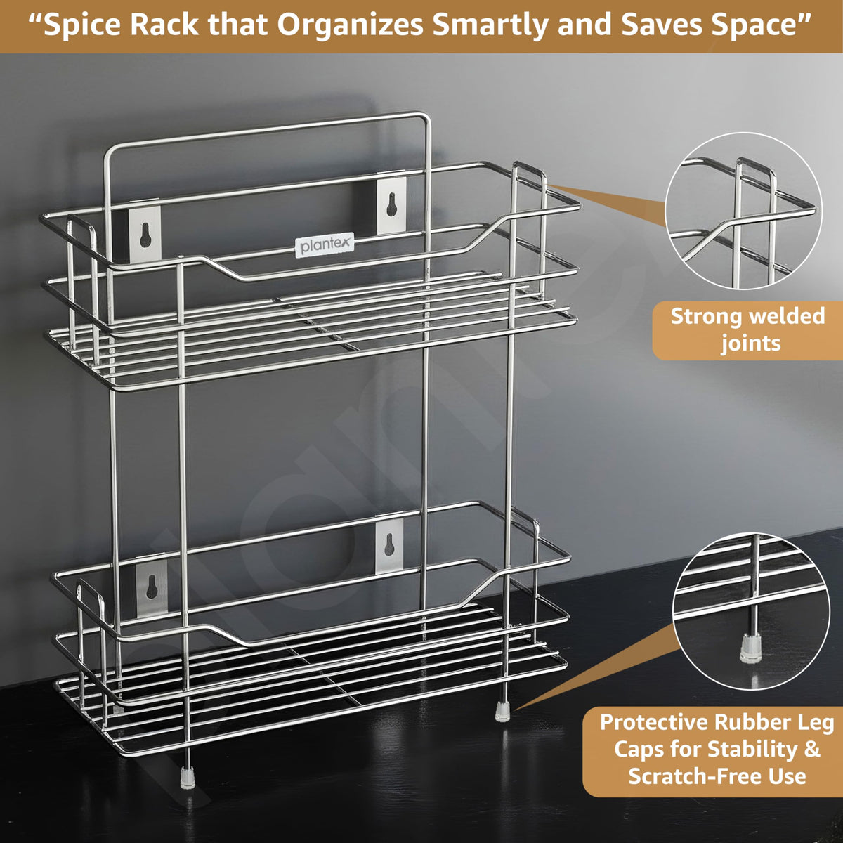 Plantex Wall Mounted Kitchen Organizer Rack/2 Tier Spice Rack for Kitchen/Hanging Shelves/Spice Organizer Storage Stand -(Chrome, 2 Tier)-3