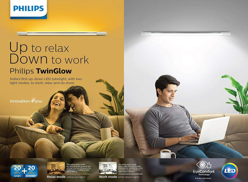 Philips Twinglow 20-Watt +20-Watt Led Up-Down Batten Tubelight (Yellow Uplight Relax Mode and White Downlight