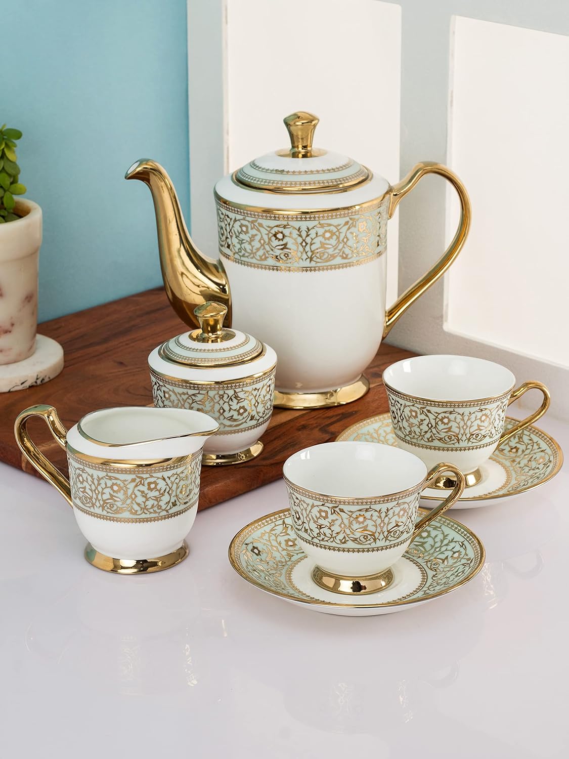 Clay Craft Fine Ceramic Golden Print Tea Set of 15 (1 Tea Pot with Lid +6 Cups+6 Saucers +1 Milk Pot + 1 Sugar Pot)