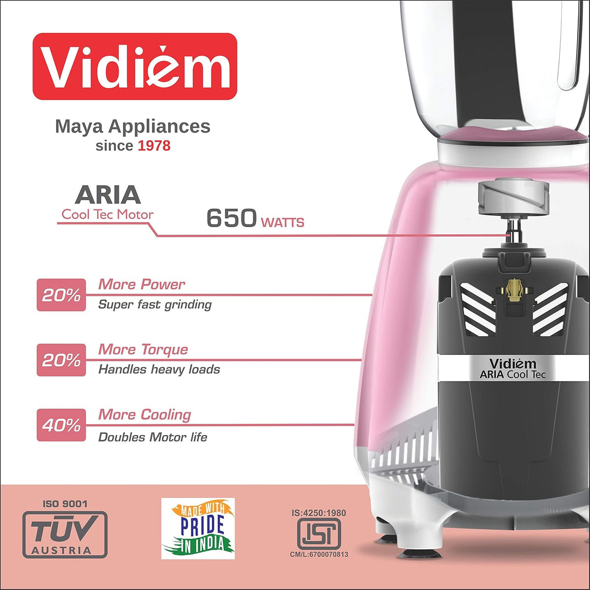 Vidiem Vision 580 A Mixer Grinder 650W with 3 Leakproof Self-Lock Jars (Pink)
