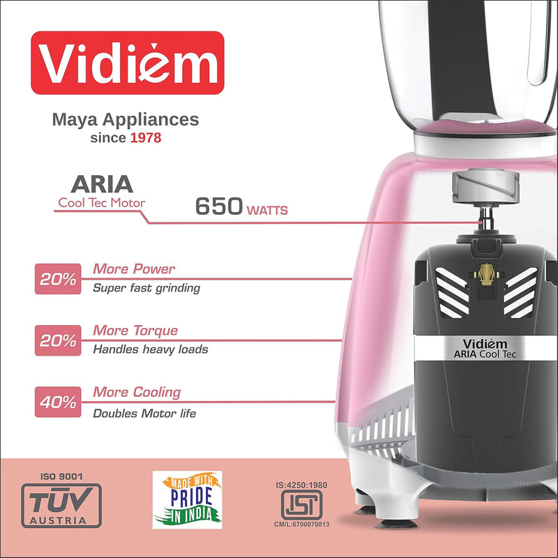 Vidiem Vision 580 A Mixer Grinder 650W with 3 Leakproof Self-Lock Jars (Pink)
