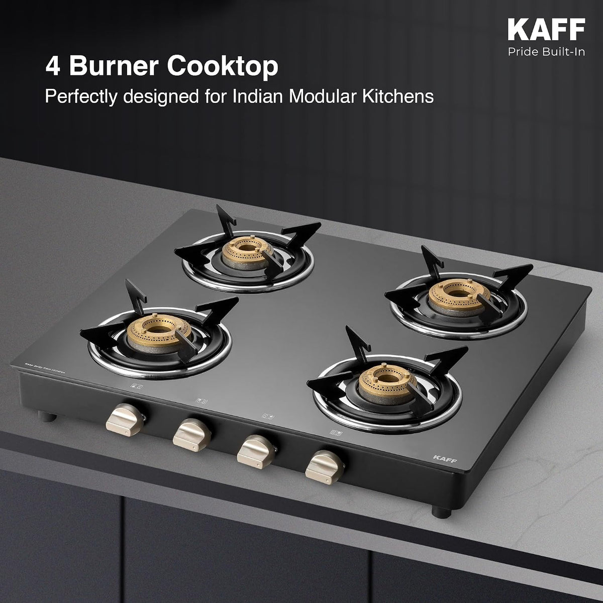 Kaff 4 Burner Gas Stove Top for Kitchen - 58CM Manual Ignition Cooktop For Modular Kitchen |Ergonomic Knob |Tri-Pin Bras