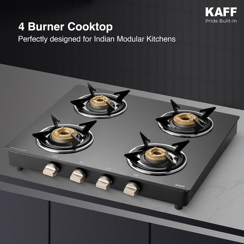 Kaff 4 Burner Gas Stove Top for Kitchen - 58CM Manual Ignition Cooktop For Modular Kitchen |Ergonomic Knob |Tri-Pin Bras