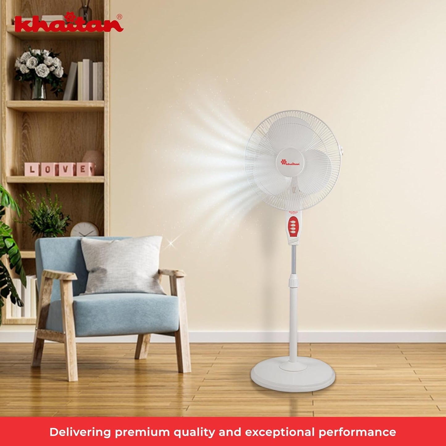 Khaitan Magma 400 MM 3-Blade Pedestal Fan | Adjustable Height | 3-Speed Control | Powder Coated Metal Grill | Telescopic Arrangement | 2-Yr Warranty | White