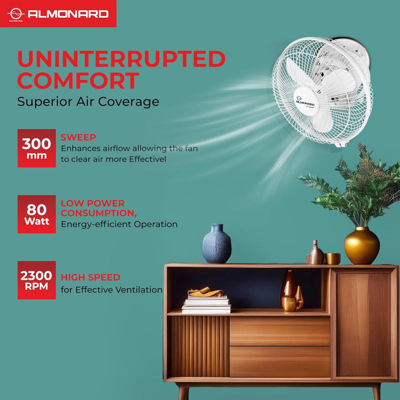Almonard 225mm High Speed Cabin Fan, High Velocity Blades, Single Speed Setting, Cabin Fan for Office, Retail Kiosks, Available in White