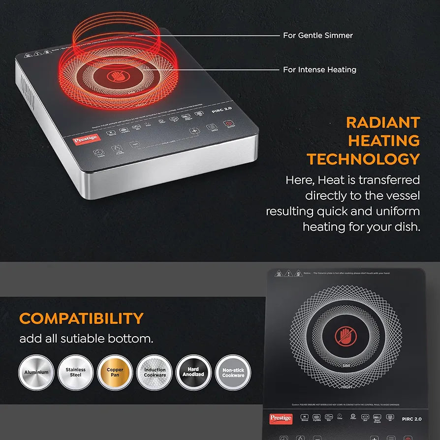 Prestige PIRC 2.0 2000 Watts Infrared Dual Heating Zone Cooktop |High Voltage Surge Protection| Dual Heat Mode| Radiant Heating Technology| Feather Touch Buttons| Stainless Steel Body| Black & Silver