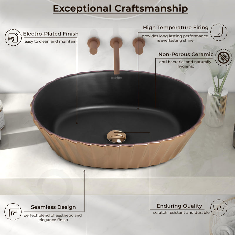 Plantex Designer Basin for Bathroom/Oval Table Top WashBasin/Countertop Hand Wash Basin/Vessel Sink for Restaurant/Hotel (19x15x5 Inch - Gold & Black)-4