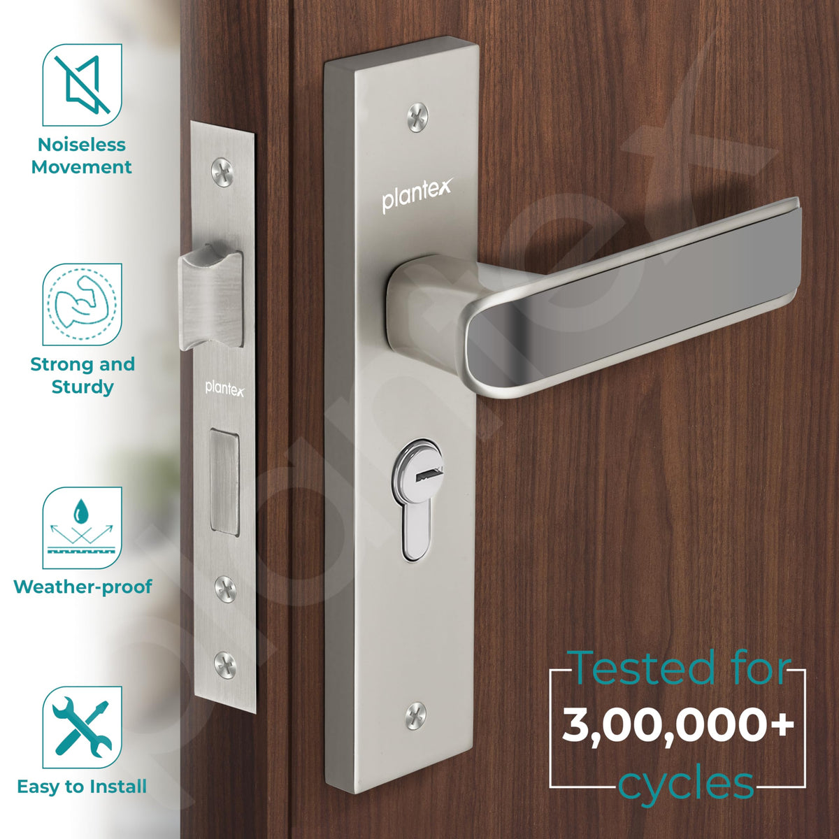 Plantex Heavy-Duty Door Lock Set - Main Door Lock Handle Set/ 6-Lever Lock Mechanism with 3 Years of Warranty/Mortise Lock with 3 Keys, Brass Lockbody & Cylinder(8112 - Satin White & Satin Black)-2